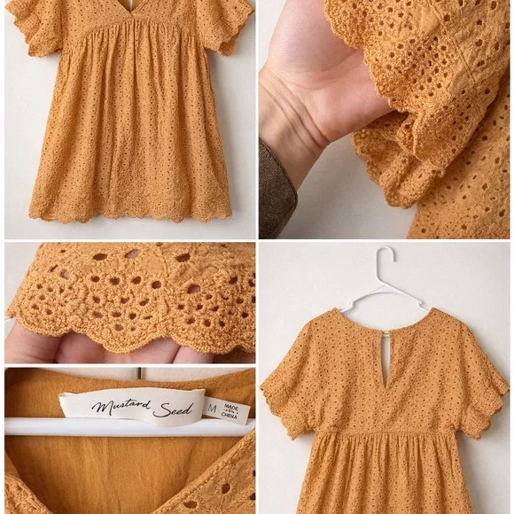 Mustard Seed Eyelet Lace Babydoll Top | Boho Cottagecore Blouse | Size M - Picture 1 of 4